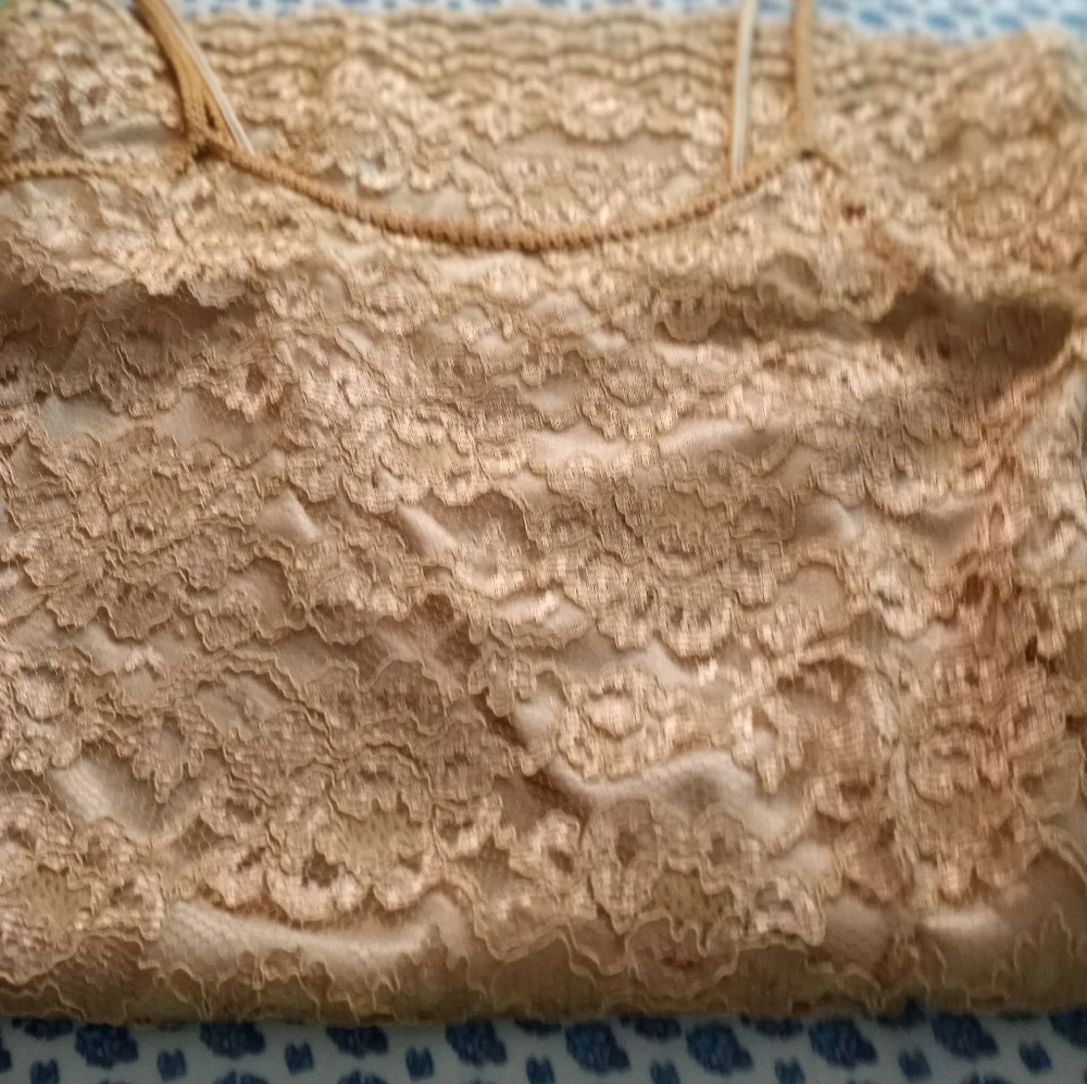 Vintage Carol Malony 80's Gold Lace Floral Print Lined Chemise Slip Dress Large - Picture 4 of 8